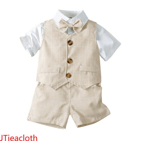 JTieacloth Pant Sets for Boys Toddler Kids Baby Boys T Shirt Plaid Bow Striped Tie Outfit Suits Shirt Vest + Shorts Outfits Set,Sizes 2-3 Years(Beige)
