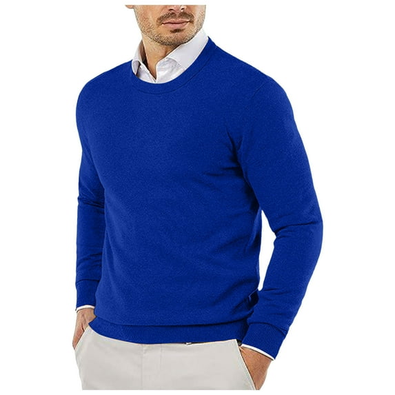 JTieacloth Pullover Casual Sweater Male Autumn And Winter Smooth Comfortable Lightweight Drapey Soft Skin Friendly Textured Slim Fitting Round Neck Long Sleeved(Blue)