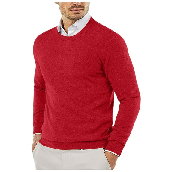 JTieacloth Pullover Casual Sweater Male Autumn And Winter Smooth Comfortable Lightweight Drapey Soft Skin Friendly Textured Slim Fitting Round Neck Long Sleeved(Red)