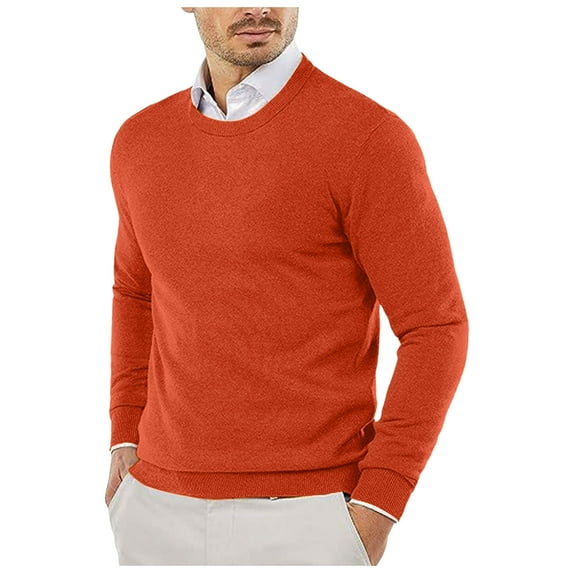 JTieacloth Pullover Casual Sweater Male Autumn And Winter Smooth Comfortable Lightweight Drapey Soft Skin Friendly Textured Slim Fitting Round Neck Long Sleeved(Orange)