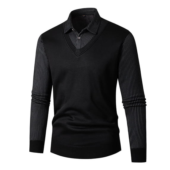 JTieacloth Pullover Casual Sweater Men Collar Vertical Stripe Pattern Two Piece Sweater Winter Casual Loose Comfortable Trendy Knitted Sweater(Black)