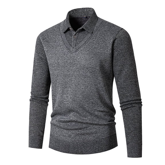 JTieacloth Pullover Casual Sweater Men Collar Vertical Stripe Pattern Two Piece Sweater Winter Casual Loose Comfortable Trendy Knitted Sweater(Gray)