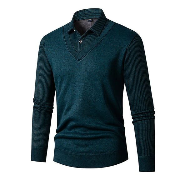 JTieacloth Pullover Casual Sweater Men Collar Vertical Stripe Pattern Two Piece Sweater Winter Casual Loose Comfortable Trendy Knitted Sweater(Green)