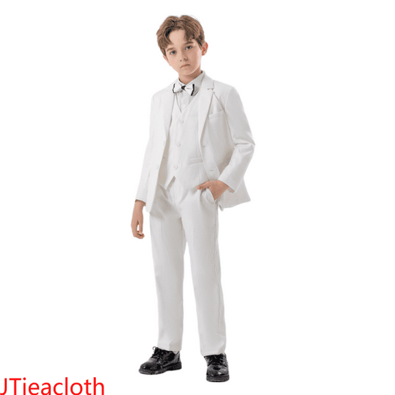 JTieacloth Short Sets for Boys Boys Business Suits Coat 4 Piece Outfit Tuxedo Set For Kids Formal Suit For Boys With Vest Pants Bowtie Set Slim,Sizes 3-4 Years(White)