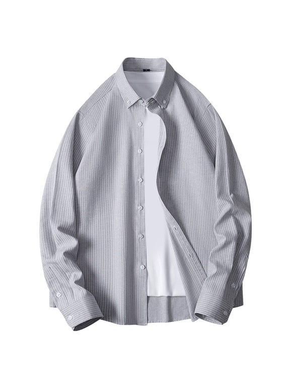 Short Sleeve Button Down Shirts Men's Fashion Shirt Long Sleeve Spring Trend Handsome Casual Striped Shirt Man Gray