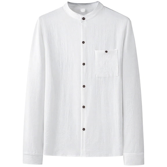 JTieacloth Short Sleeve Button Down Shirts Linen Stand Collar Shirt Long Sleeve Casual Business Elegant Thermal Underwear Top Comfortable Soft Fabric Fall Winter Fashion White