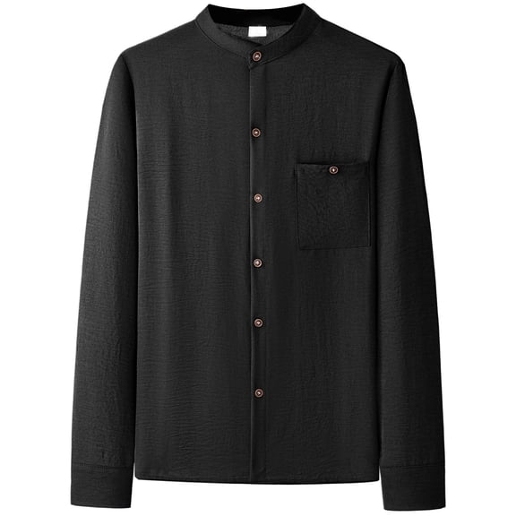 JTieacloth Short Sleeve Button Down Shirts Linen Stand Collar Shirt Long Sleeve Casual Business Elegant Thermal Underwear Top Comfortable Soft Fabric Fall Winter Fashion Black