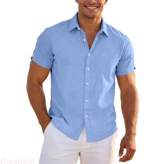 JTieacloth Short Sleeve Shirt With Split And Slub Linen Fabric For Casual Summer Wear Comfortable Breathable Lightweight Top Mens Dress Shirts Blue