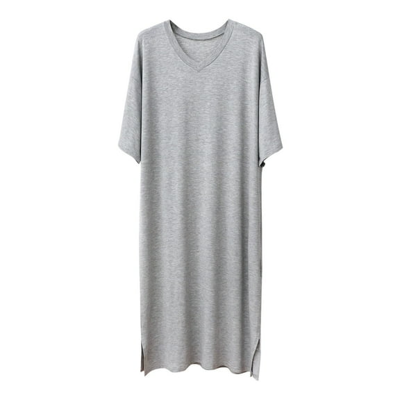 JTieacloth Sleep Shirt for Men Male Solid Color Short Sleeve Round Neck Nightdress Robe Homewear Gray