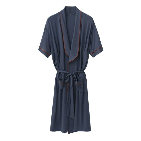 JTieacloth Soft Loose Sleepwear Male Casual Nightgown Solid Color Homewear Short Sleeve Half Waist Tie Robe Gray