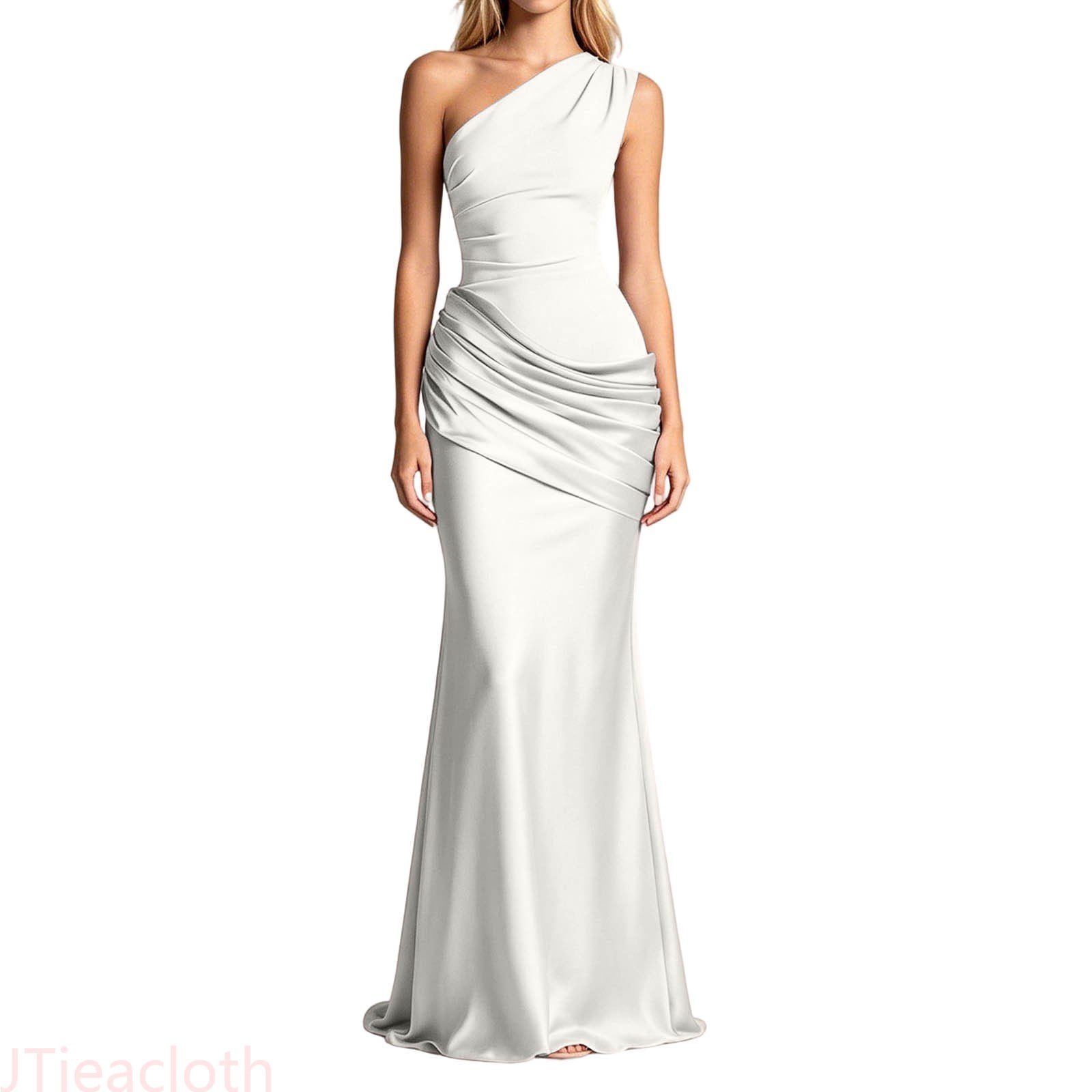 JTieacloth Summer Dresses for Women Shoulder Asymmetric Ruched Satin Bodycon Maxi Dress Evening Wedding Party Slim Fit Elegant Dress,White