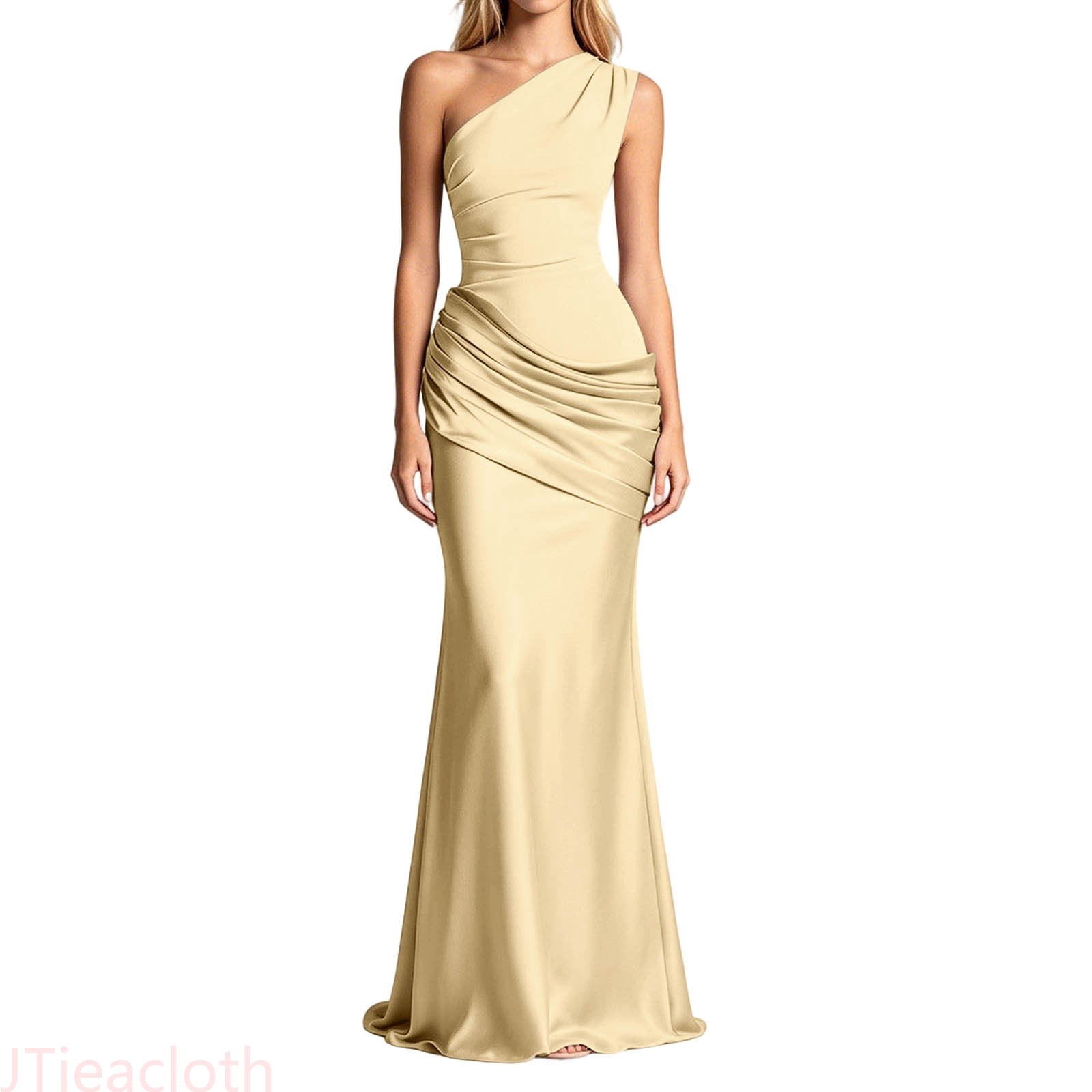 JTieacloth Summer Dresses for Women Shoulder Asymmetric Ruched Satin Bodycon Maxi Dress Evening Wedding Party Slim Fit Elegant Dress,Yellow