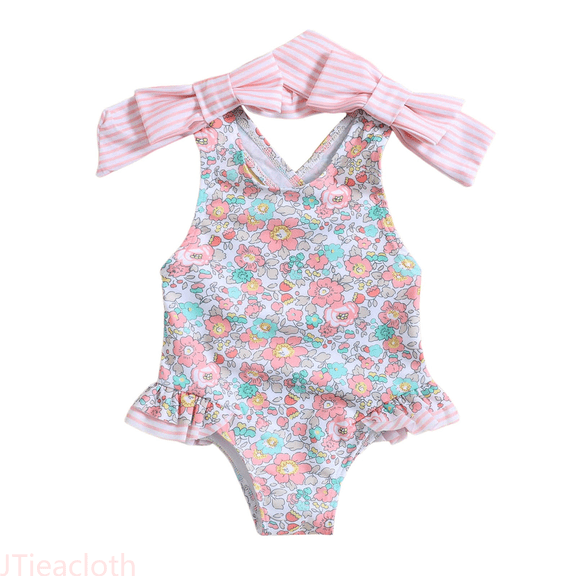 JTieacloth Summer Kids Girls Swimwear Floral Printing Backless Bowknot 1 Piece Beach Swimsuit Bikini,Sizes 3-4 Years