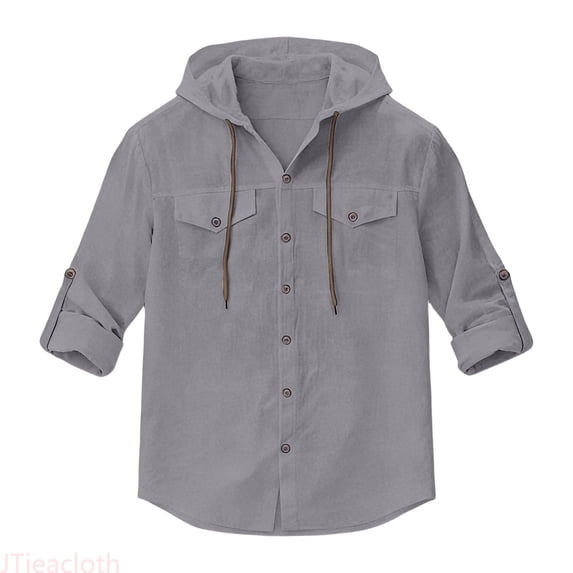JTieacloth Summer Linen Long Sleeve Shirt Beach Casual Hooded Shirt Long Sleeve Solid Color Shirt Free Button Down Shirt Gray
