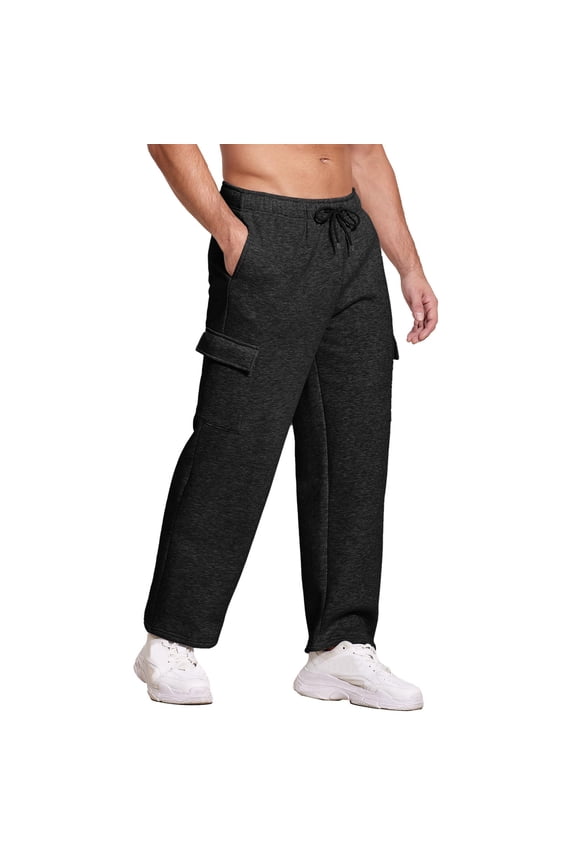 Summer Long Pants for Men Male Lined Sweatpants Open Bottom Cargo Sweat Pants For Man Wide Leg Cotton Joggers Pants With Pockets Black