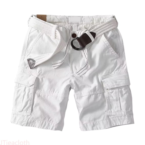 JTieacloth Summer Men's Loose Straight Leg Casual Retro Heavy Wash Pocket Cargo Quarter Pants Casual Cargo Shorts White