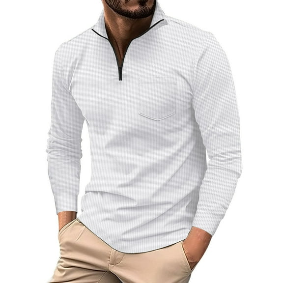 JTieacloth Summer Shirt for Mens Men's Four Seasons Leisure Fashion Design Lapel Button Pocket Long Sleeve Tops White L