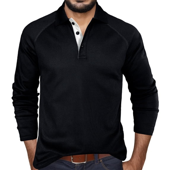 JTieacloth Tall Size T Shirts for Men Male Autumn And Winter Long Sleeve Solid Color Plaid Lapel Button Raglan Sleeve Top