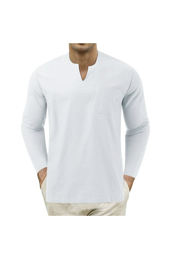 Tee Shirts for Men Mens Long Sleeve Slim Tie Collarless Pocket Solid Color T Shirt