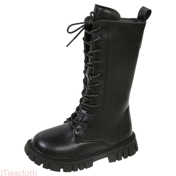 JTieacloth Toddler Girls Combat Boots Lace-Up Side Zipper Warm Lined Winter Mid Calf Riding Boot Little Kid/Big Kid(Black)
