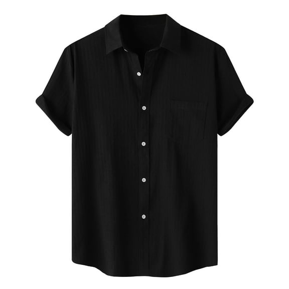 JTieacloth Wedding Button Down Shirt Male Solid Color Jacquard Striped Shirt Pure Short Sleeve Lapel Button Down Shirt Black