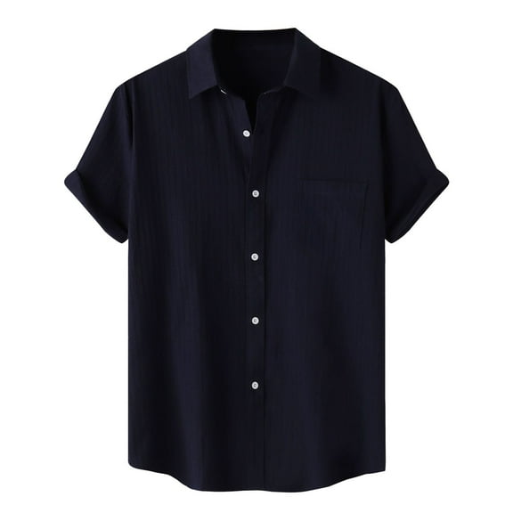 JTieacloth Wedding Button Down Shirt Male Solid Color Jacquard Striped Shirt Pure Short Sleeve Lapel Button Down Shirt Blue