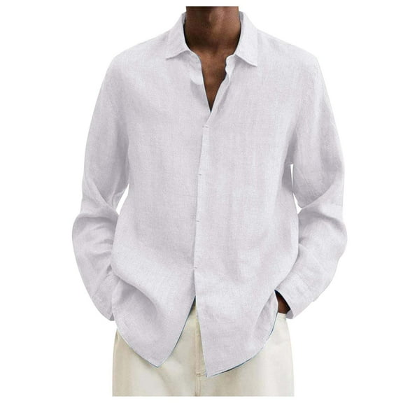 JTieacloth Wedding Button Down Shirt Male Summer Cotton Linen Solid Casual Plus Size Loose Shirt Mens Turn Down Long Sleeve Shirt White