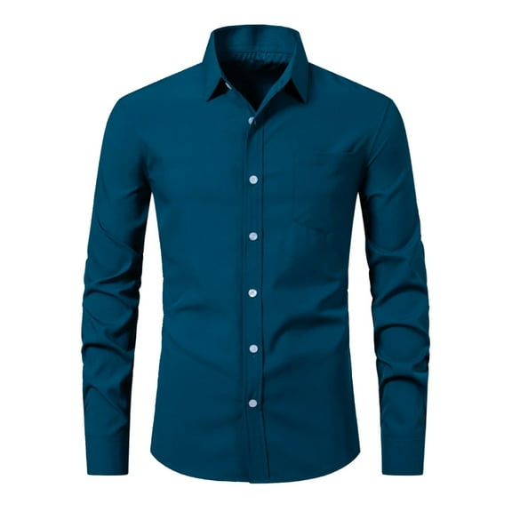 JTieacloth Wedding Button Down Shirt Mens Shirt Solid Color Casual Long Sleeved Lapel Slim Fit Shirt Blue