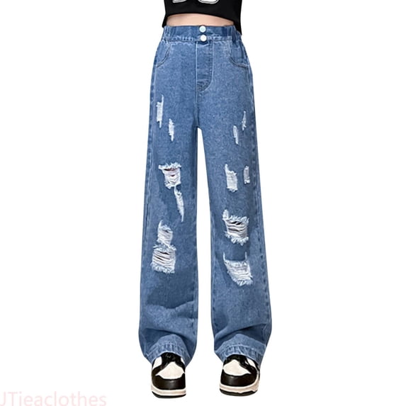 JTieacloth Wide Leg Jeans for School "Girls' Fashionable Distressed Denim Jeans & Wide Leg Pants For Spring & Autumn",Sizes A