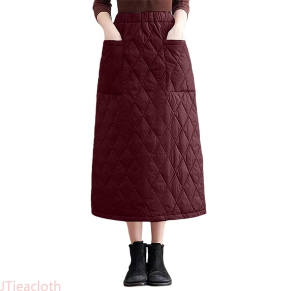 JTieacloth Winter Windproof Pencil Skirt Mid Length Quilted Wrap Style Skirt With Lightweight Warm Fill,Skirt for Women(Red)