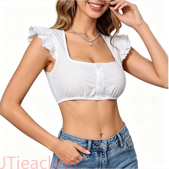 JTieacloth Women Oktoberfest Crop Tops Dirndl Blouse, Traditional Bavarian Square Neck Button Down Shirts,White