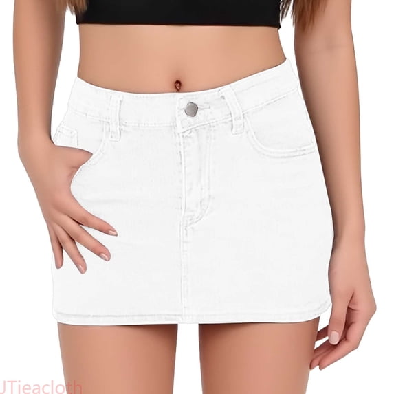 JTieacloth Women’s Bodycon Denim Mini Skirts High Waist Casual Washed Stretchy Jean Skirts With Pockets,Skirt for Women(White)
