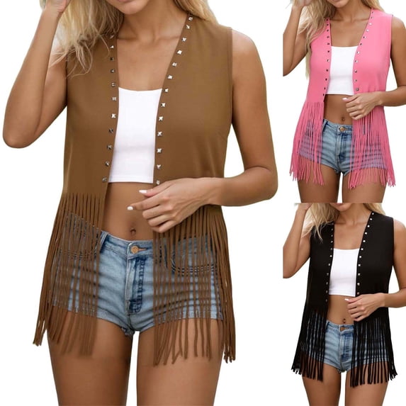 JTieacloth Women's Boho Fringe Vest Western Sleeveless Layering Vest for Festival Cowgirl Outfit