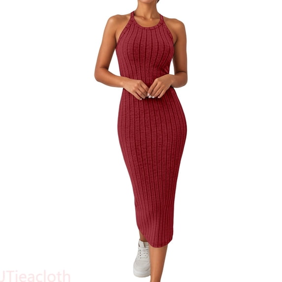 JTieacloth Women's Summer Dresses Elegant Knit Dress With Round Neck Solid Color Casual Midi Dress For Everyday Wear Versatile Knit Top Layer And Backless Styling,Red