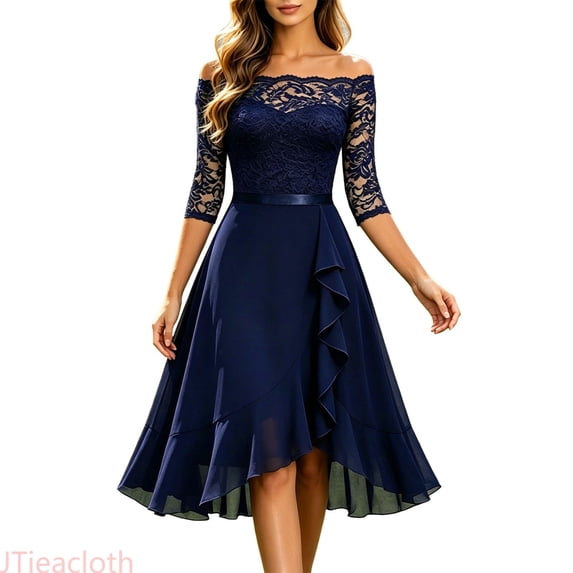 JTieacloth Womens Elegant Lace Trim Shoulder Midi Dress With Chiffon Oktoberfest Bavarian Party Dress Formal Occasions,Blue