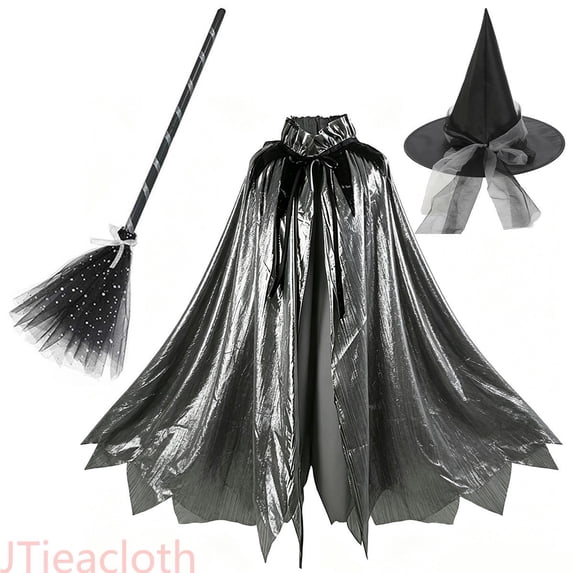 JTieacloth Womens Shiny Witch Cape with Hat and Broom Set for Party Dress-Up Outfits