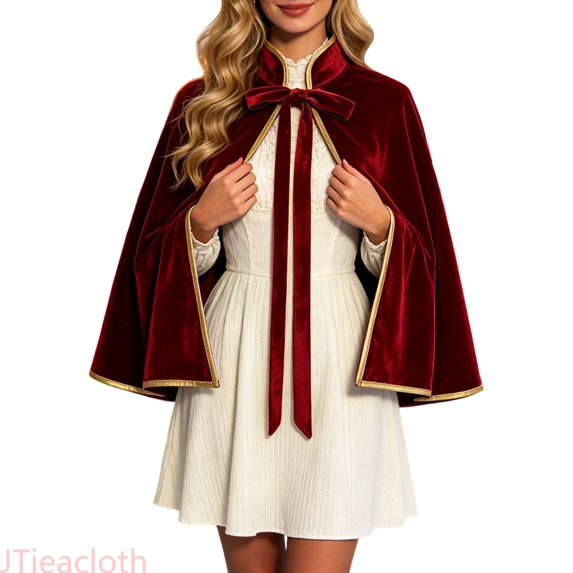 JTieacloth Womens Short Cape Velvet Cape Cloak Stand Collar Gold Trim Medieval For Party Christmas Dress Up