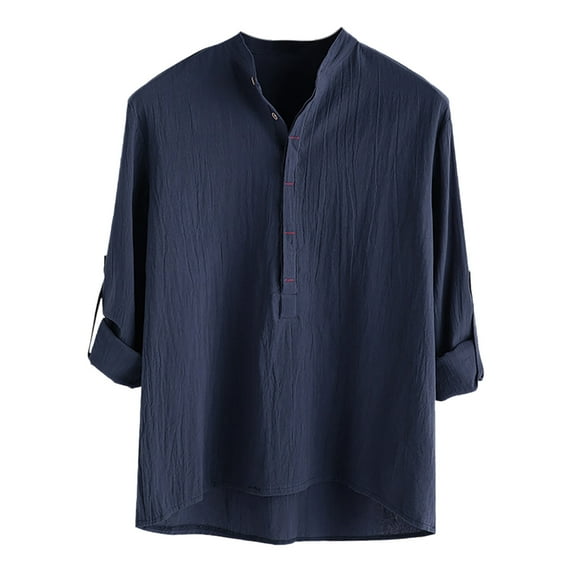 JTieacloth Free Button Down Shirt Male Stand Collar Casual Solid Long Sleeve Shirt Button Shirt Blue