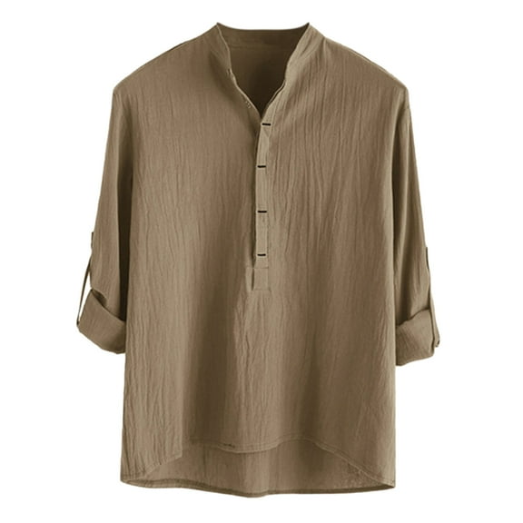 JTieacloth Free Button Down Shirt Male Stand Collar Casual Solid Long Sleeve Shirt Button Shirt Brown
