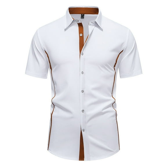 JTieacloth Wrinkle Free Button Down Shirt Men's Casual Color Block Shirt For Spring And Summer Daily Wear White