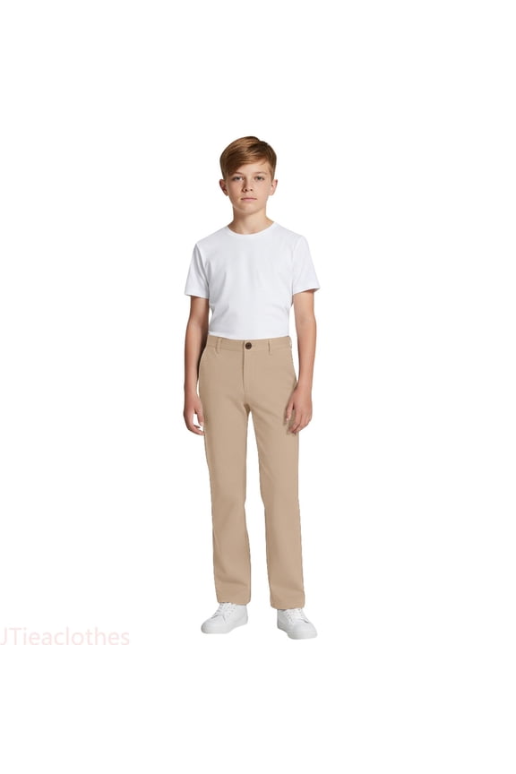 Boys and Girls Pull-On Relaxed Fit School Uniform Pant,Straight Chino Pants Flat Front with Zip Closure,Boys Pants Sizes 11-12 Years