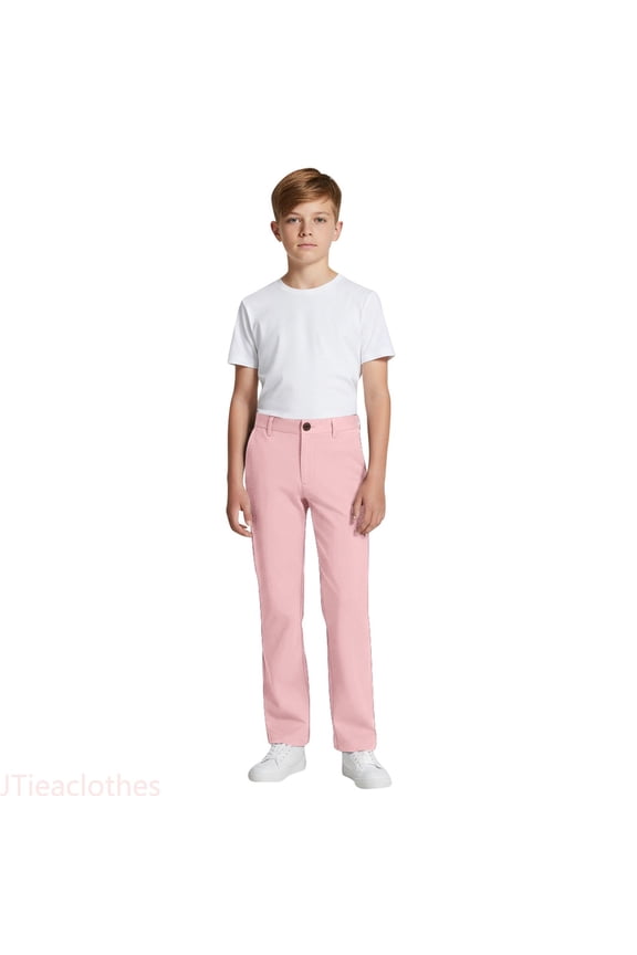 Boys and Girls Pull-On Relaxed Fit School Uniform Pant,Straight Chino Pants Flat Front with Zip Closure,Boys Pants Sizes 5-6 Years