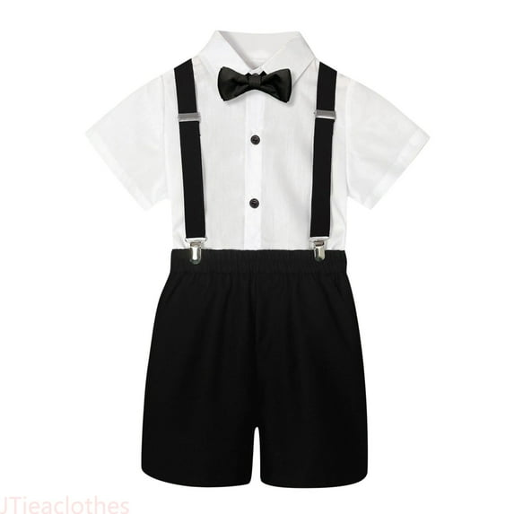 JTieaclothes Kids Boys Summer British Style Short Sleeved Shirt Suspenders Shorts Bow Tie 4PC Children Performance Suit,Boys Outfit Sets Sizes 2-3 Years