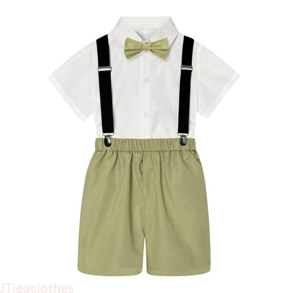 JTieaclothes Kids Boys Summer British Style Short Sleeved Shirt Suspenders Shorts Bow Tie 4PC Children Performance Suit,Boys Outfit Sets Sizes 7-8 Years