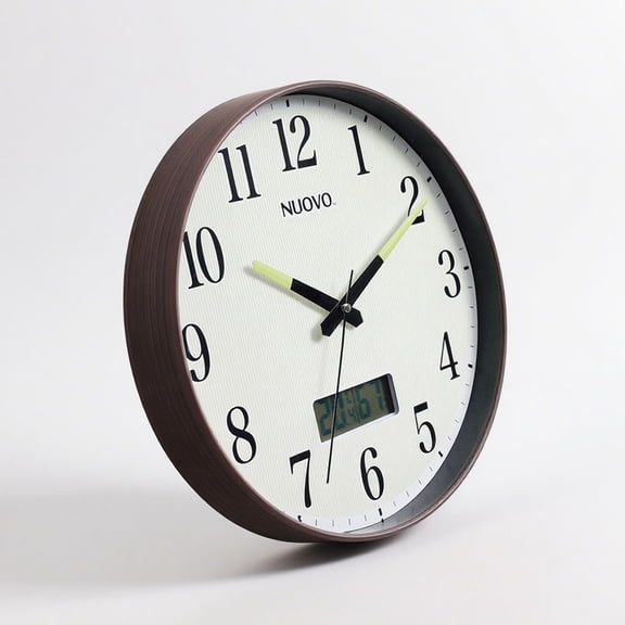 JUANCHENG 12 Inch Wall Clock with Silent Movement Night Light and LCD Display for Temperature and Humidity Battery Powered