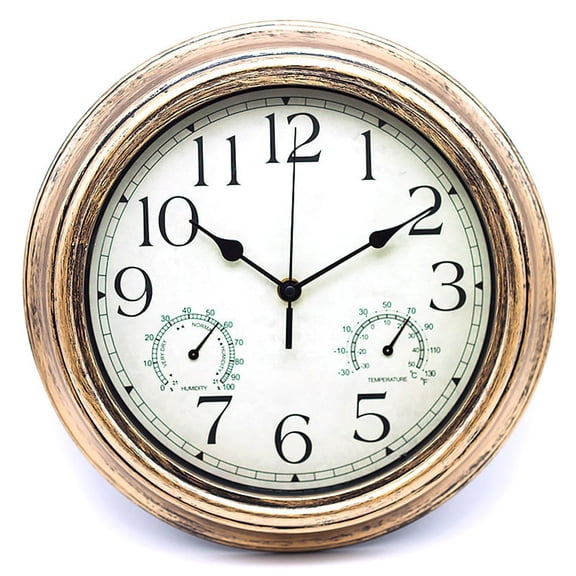 JUANCHENG 12'' Waterproof Wall Clock With Thermometer And Hygrometer For Garden Retro Waterproof Clock Noise-Free Clock For Indoor/Outdoor bronze gold