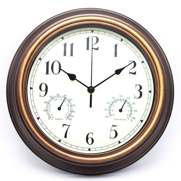 JUANCHENG 12'' Waterproof Wall Clock With Thermometer And Hygrometer For Garden Retro Waterproof Clock Noise-Free Clock For Indoor/Outdoor Red copper