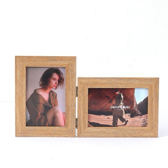 JUANCHENG 6 Inch Foldable Double Photo Frame with Vintage Wood Finish for Desk Display