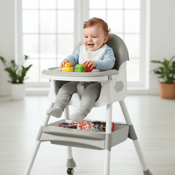 JUANYU 4-in-1 Foldable Baby High Chair,Portable Baby Dinner Chair with Built-In Trays & Bi,Aged 0-6 Years,Gray