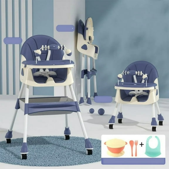 JUANYU 4-in-1 Foldable Baby High Chair with Adjustable Height and Width - Multifunctional, Portable Toddler Dining Chairs  with Wheels, Blue